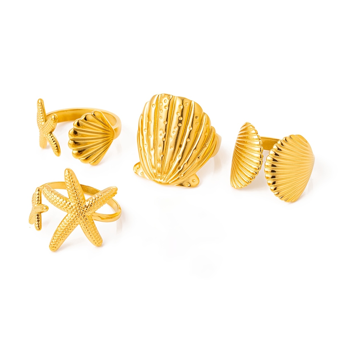 4pcs Ocean-Themed Starfish and Seashell Adjustable Ring Set for Women